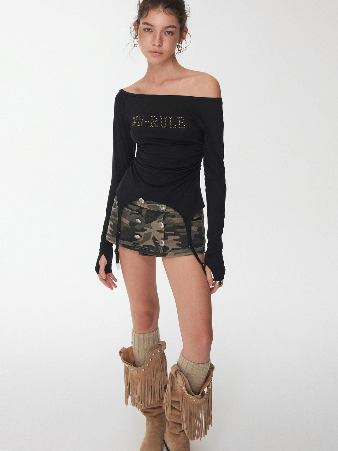 1JINN STUDIO Rhinestone Ruched Boatneck Knit Women&