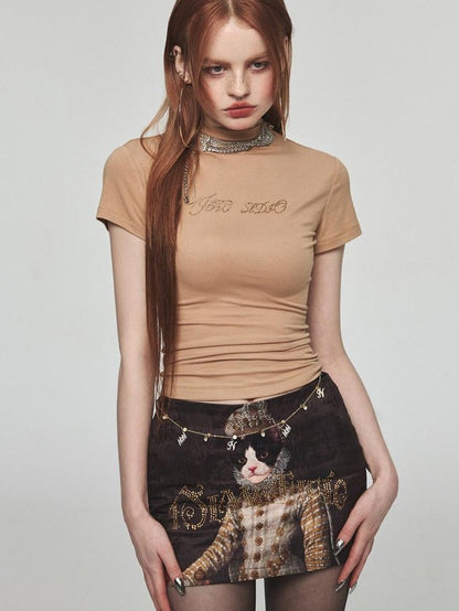 1JINN STUDIO Rhinestone Slim Crewneck Short Sleeve Women&