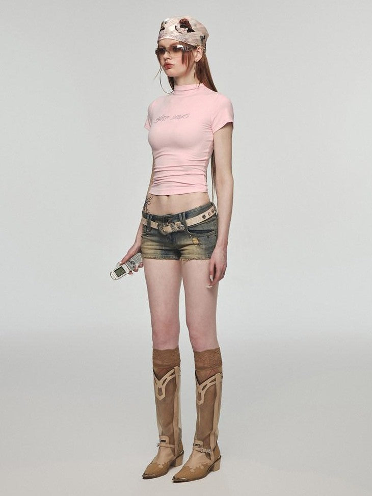1JINN STUDIO Rhinestone Slim Crewneck Short Sleeve Women&
