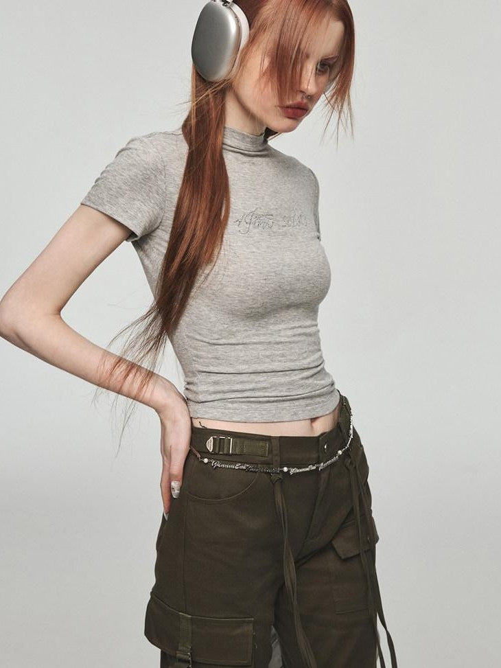 1JINN STUDIO Rhinestone Slim Crewneck Short Sleeve Women&