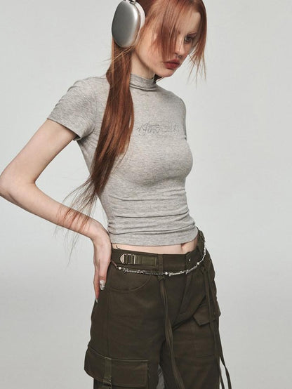 1JINN STUDIO Rhinestone Slim Crewneck Short Sleeve Women&