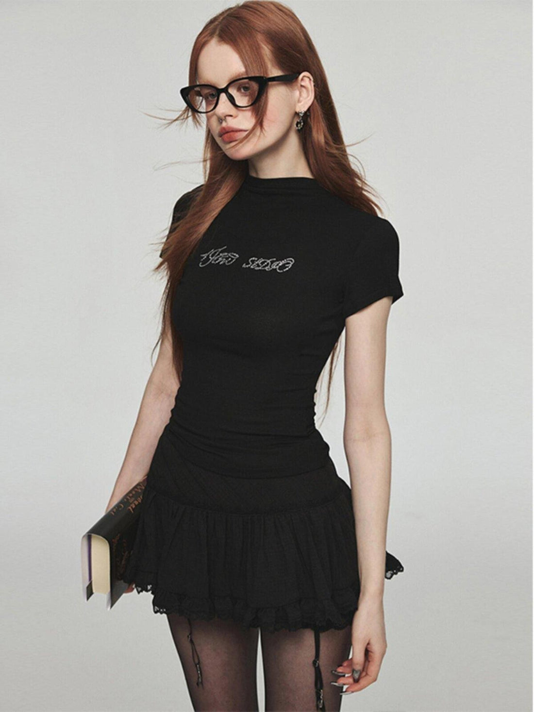 1JINN STUDIO Rhinestone Slim Crewneck Short Sleeve Women&