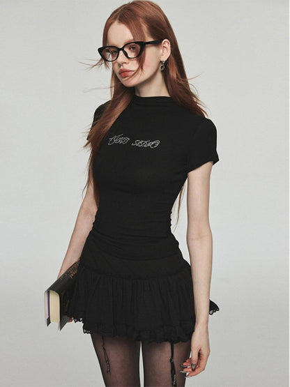 1JINN STUDIO Rhinestone Slim Crewneck Short Sleeve Women&