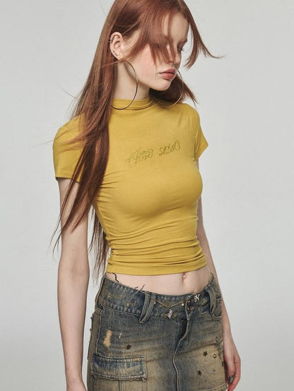 1JINN STUDIO Rhinestone Slim Crewneck Short Sleeve Women&