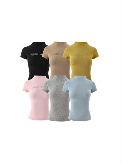 1JINN STUDIO Rhinestone Slim Crewneck Short Sleeve Women&