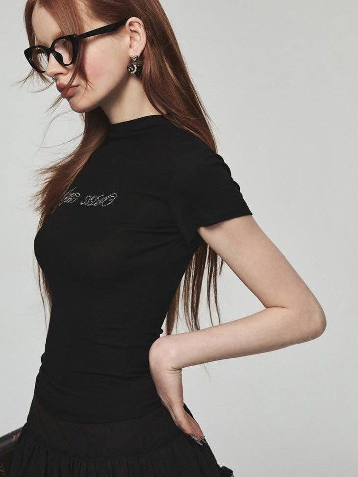 1JINN STUDIO Rhinestone Slim Crewneck Short Sleeve Women&