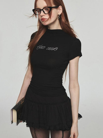 1JINN STUDIO Rhinestone Slim Crewneck Short Sleeve Women&