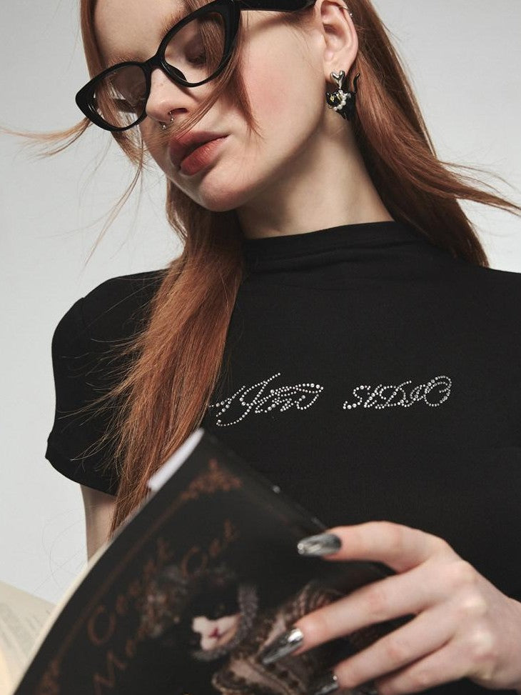 1JINN STUDIO Rhinestone Slim Crewneck Short Sleeve Women&