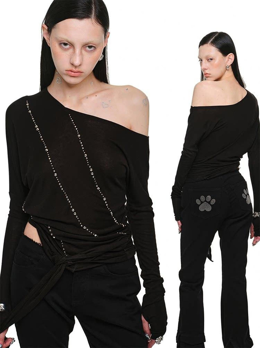 1JINN STUDIO Rhinestone Studded Asymmetrical Slim Long Sleeve Women&