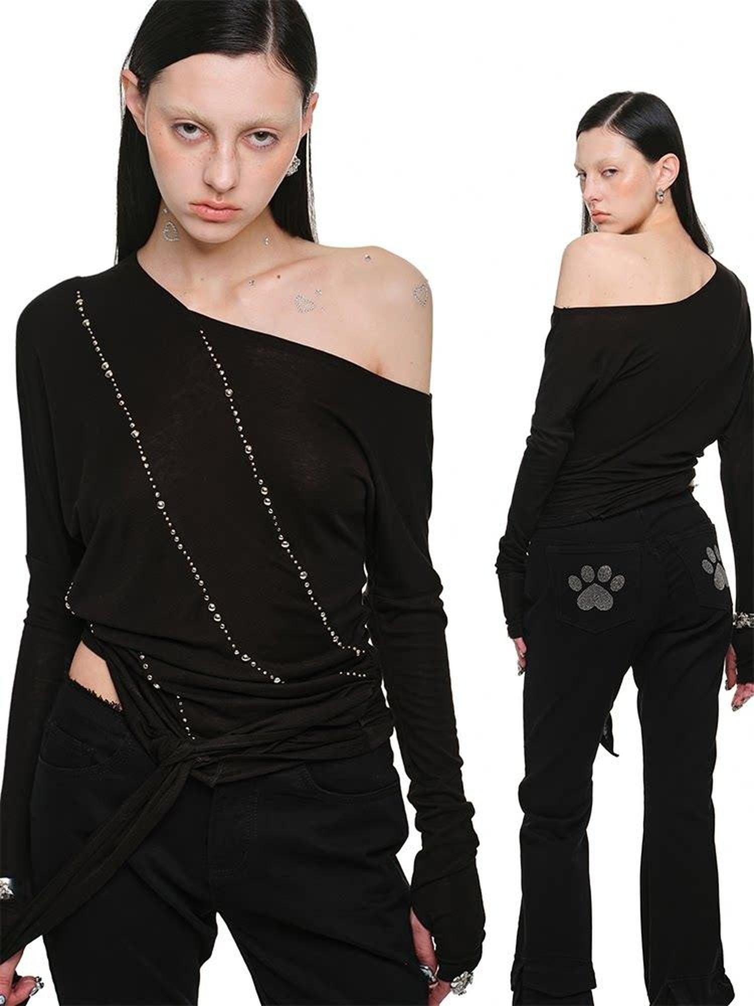 1JINN STUDIO Rhinestone Studded Asymmetrical Slim Long Sleeve Women&