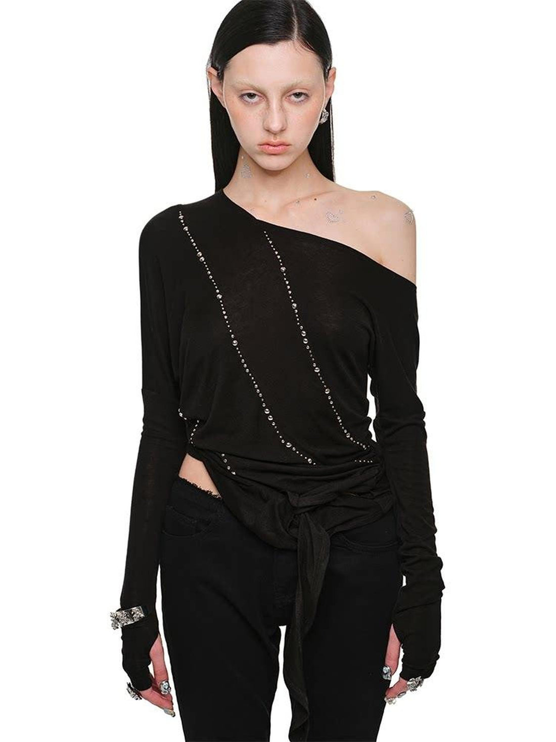 1JINN STUDIO Rhinestone Studded Asymmetrical Slim Long Sleeve Women&