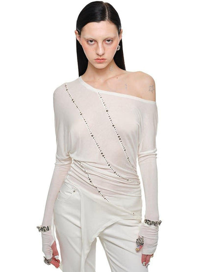 1JINN STUDIO Rhinestone Studded Asymmetrical Slim Long Sleeve Women&