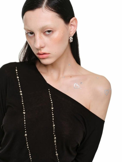 1JINN STUDIO Rhinestone Studded Asymmetrical Slim Long Sleeve Women&