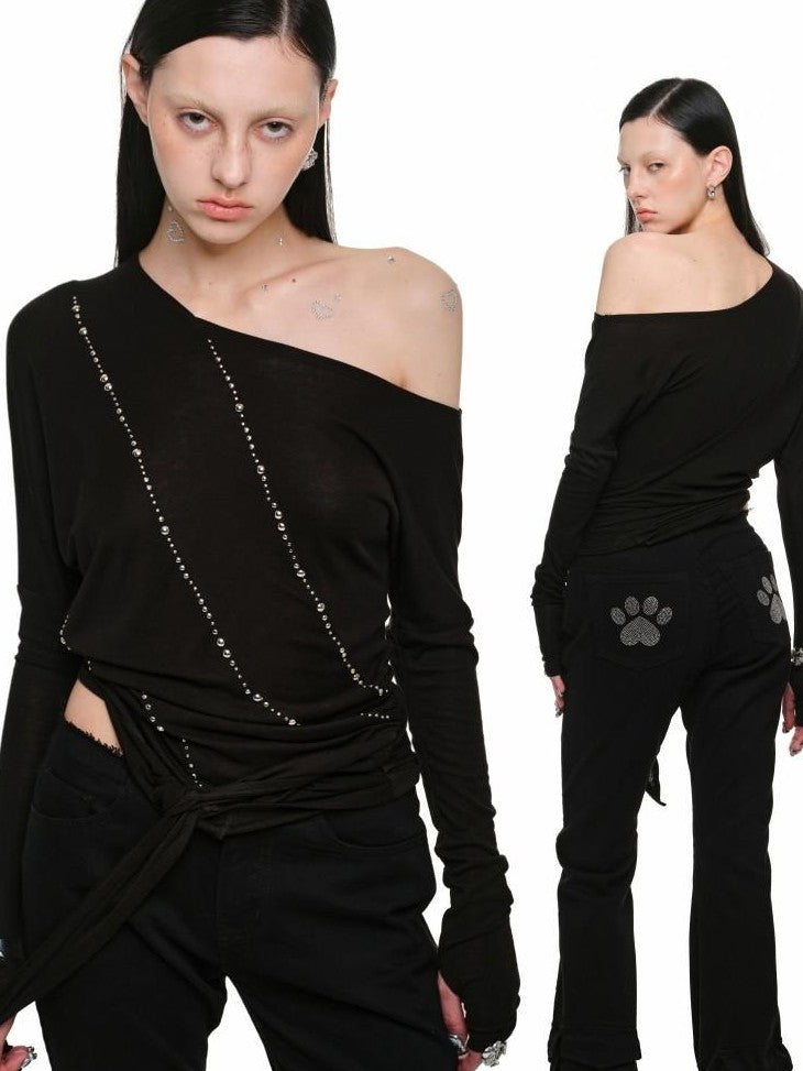 1JINN STUDIO Rhinestone Studded Asymmetrical Slim Long Sleeve Women&