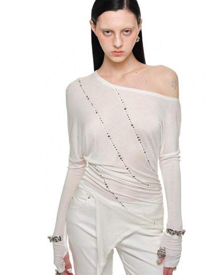 1JINN STUDIO Rhinestone Studded Asymmetrical Slim Long Sleeve Women&