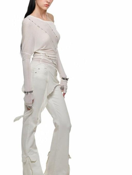 1JINN STUDIO Rhinestone Studded Asymmetrical Slim Long Sleeve Women&