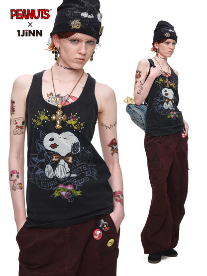 1JINN STUDIO Rhinestone Vintage Print Oversized Round Neck Racerback Women&