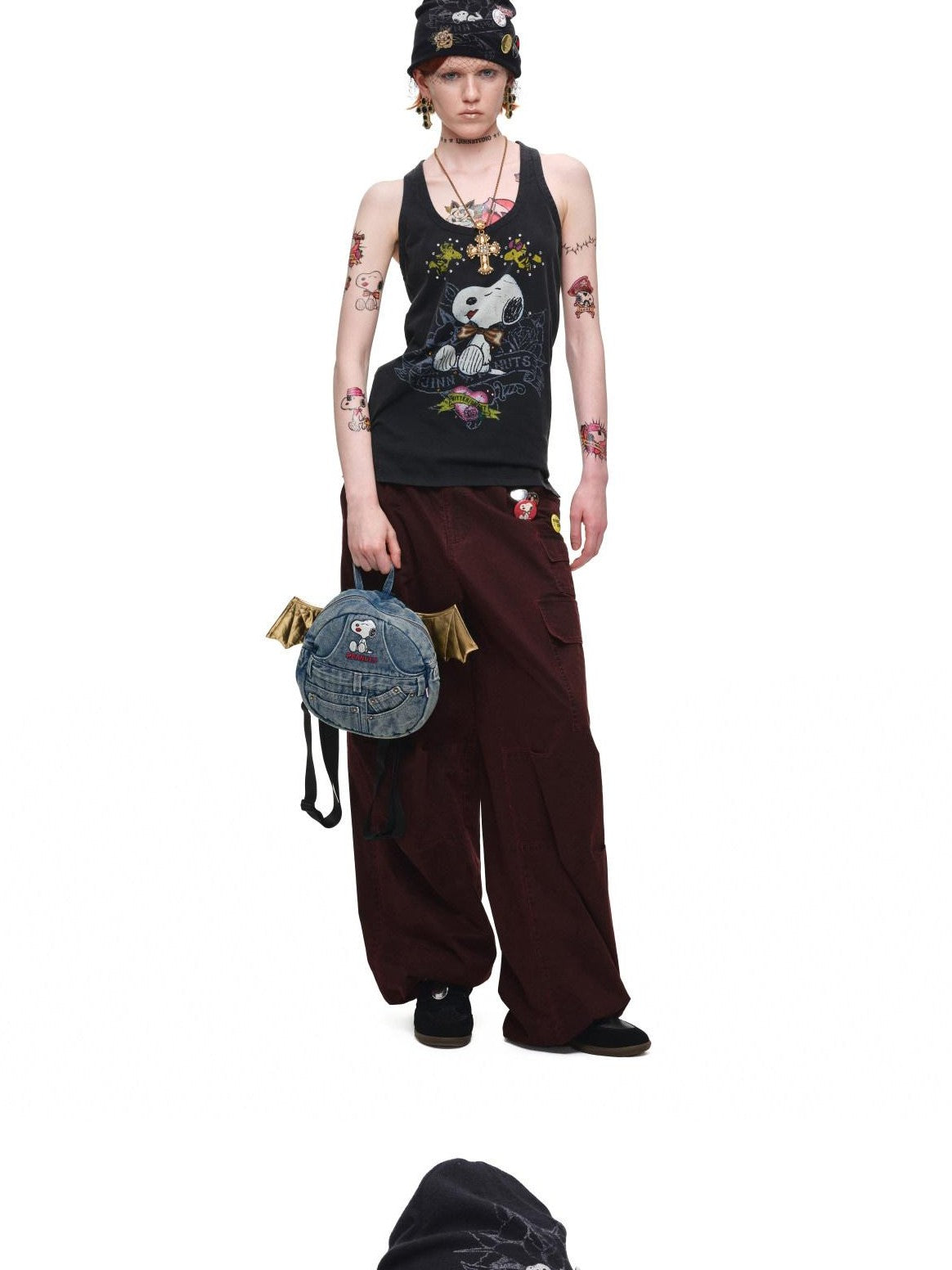 1JINN STUDIO Rhinestone Vintage Print Oversized Round Neck Racerback Women&