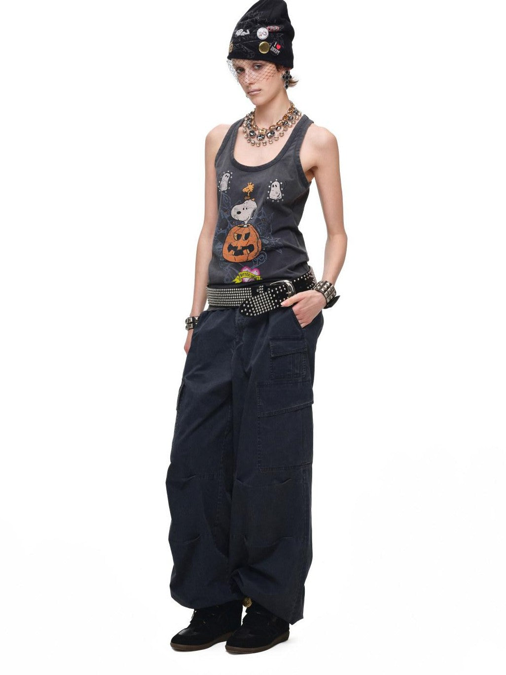 1JINN STUDIO Rhinestone Vintage Print Oversized Round Neck Racerback Women&