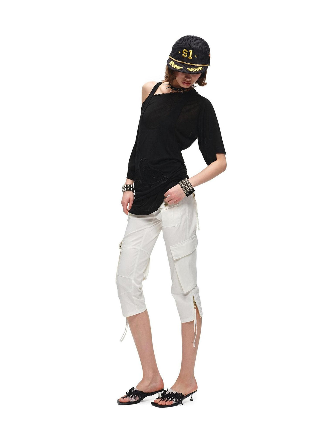 1JINN STUDIO Ribbon Tie Cargo Multi Pocket Stretch Slim Straight Women&
