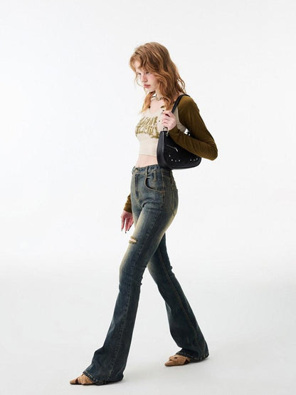 1JINN STUDIO Ripped Vintage Distressed Long Micro Flare Women&