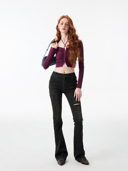1JINN STUDIO Ripped Vintage Distressed Long Micro Flare Women&