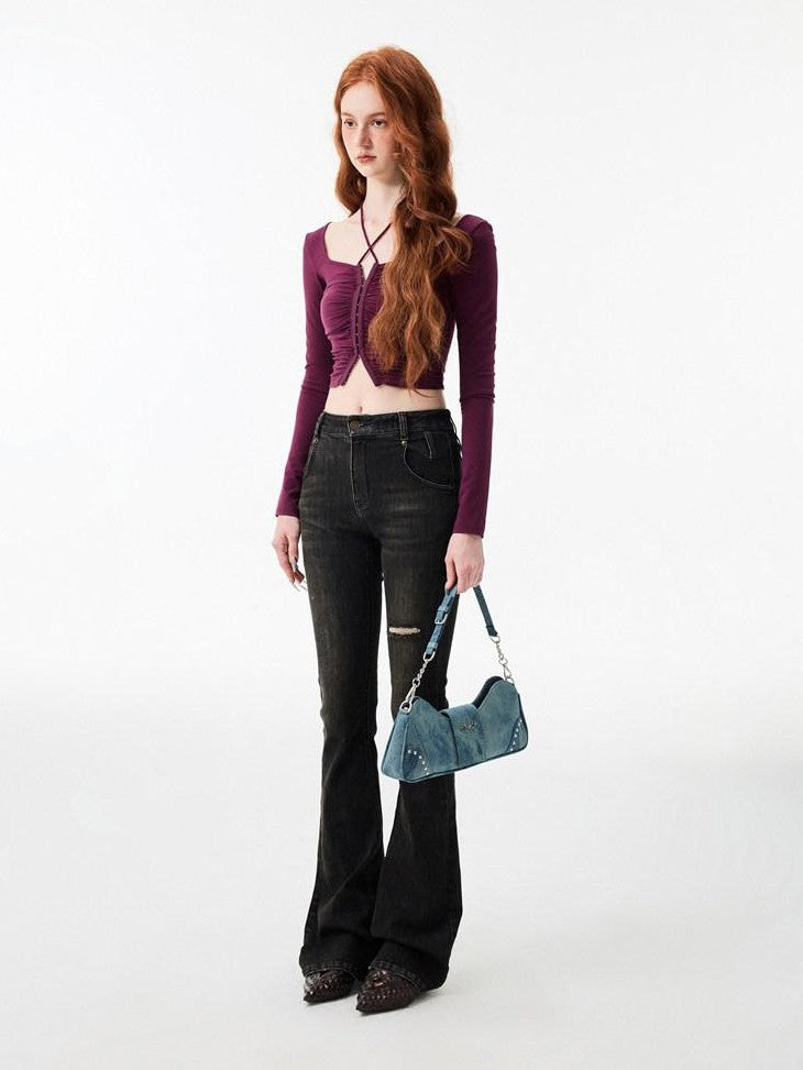 1JINN STUDIO Ripped Vintage Distressed Long Micro Flare Women&