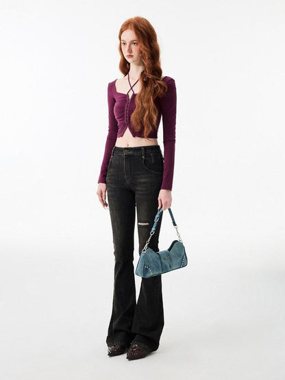 1JINN STUDIO Ripped Vintage Distressed Long Micro Flare Women&