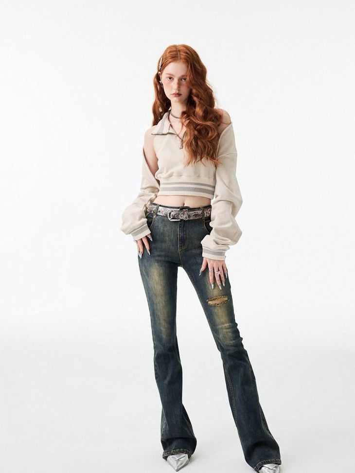 1JINN STUDIO Ripped Vintage Distressed Long Micro Flare Women&