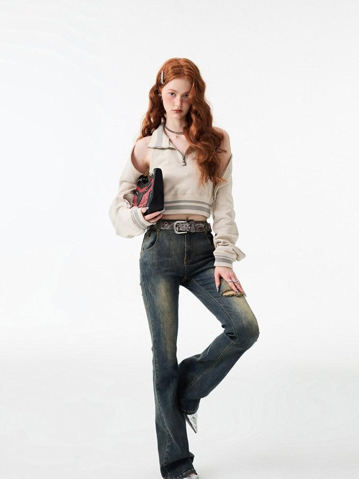 1JINN STUDIO Ripped Vintage Distressed Long Micro Flare Women&