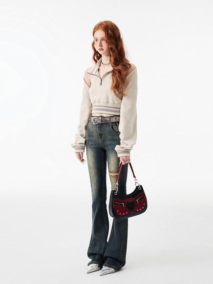 1JINN STUDIO Ripped Vintage Distressed Long Micro Flare Women&