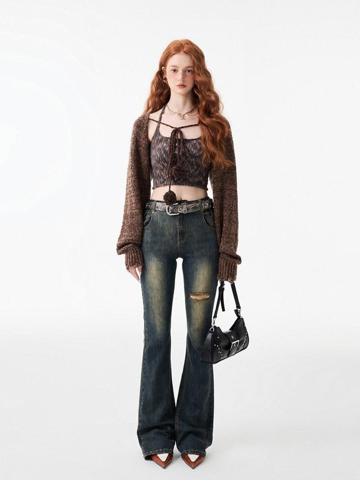1JINN STUDIO Ripped Vintage Distressed Long Micro Flare Women&