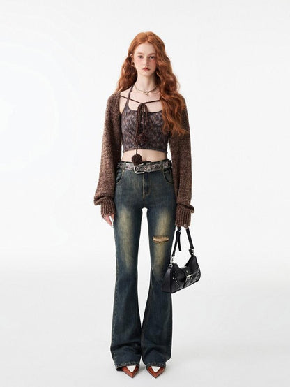1JINN STUDIO Ripped Vintage Distressed Long Micro Flare Women&