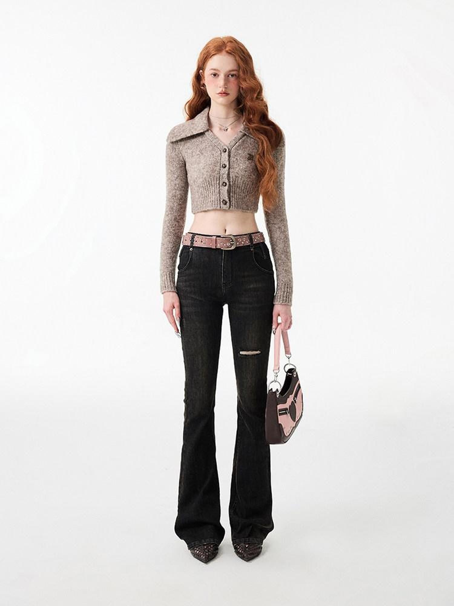 1JINN STUDIO Ripped Vintage Distressed Long Micro Flare Women&