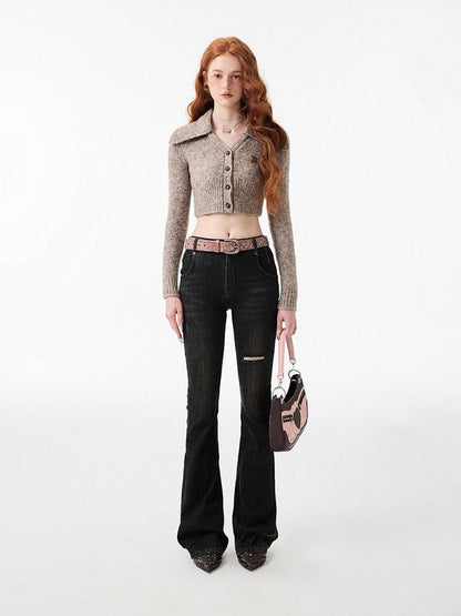 1JINN STUDIO Ripped Vintage Distressed Long Micro Flare Women&