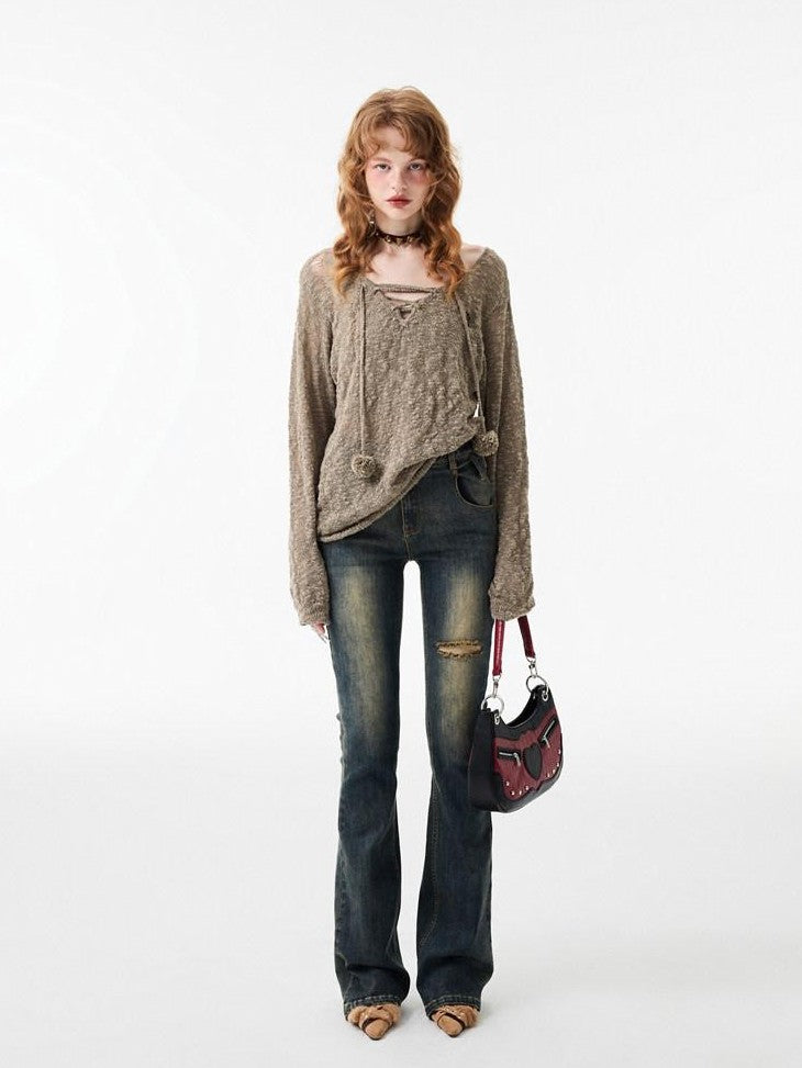 1JINN STUDIO Ripped Vintage Distressed Long Micro Flare Women&