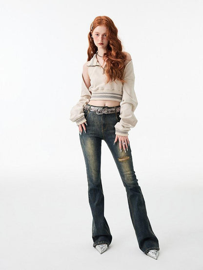 1JINN STUDIO Ripped Vintage Distressed Long Micro Flare Women&