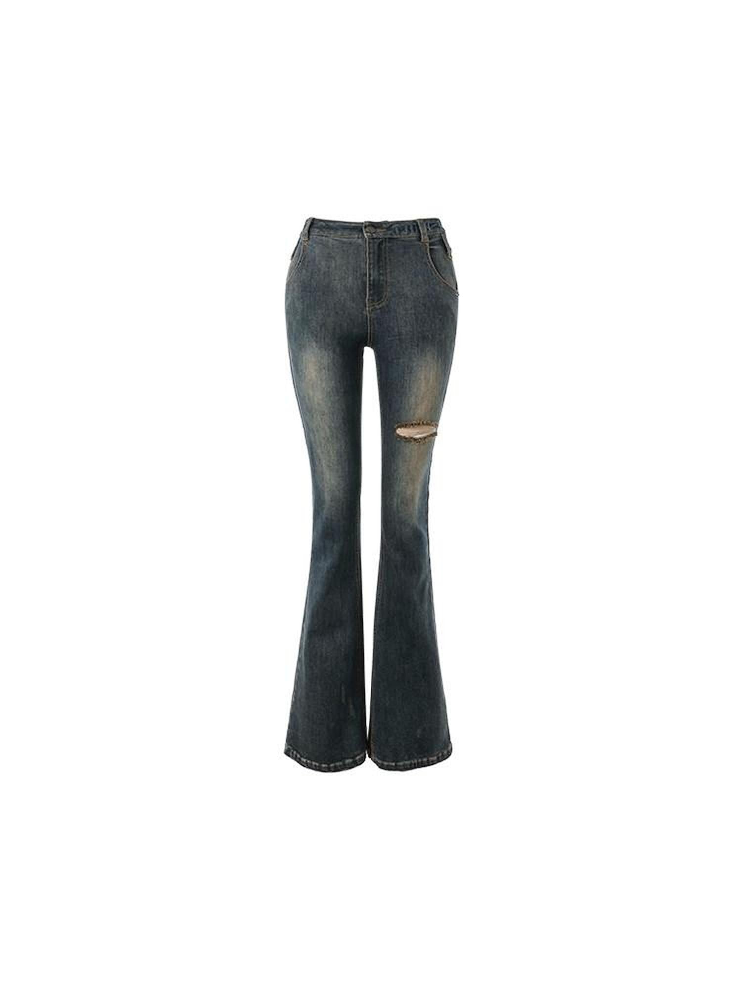 1JINN STUDIO Ripped Vintage Distressed Long Micro Flare Women&