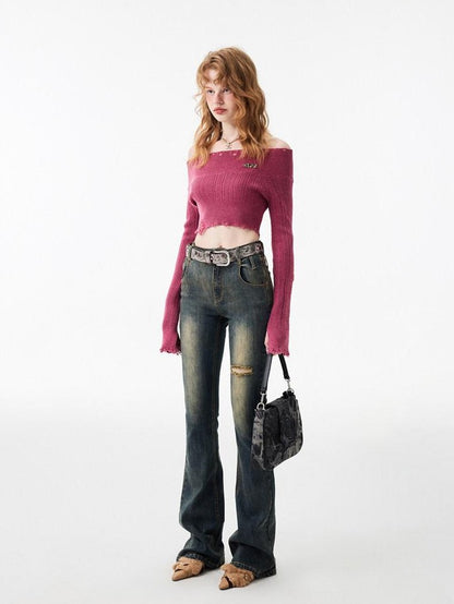 1JINN STUDIO Ripped Vintage Distressed Long Micro Flare Women&