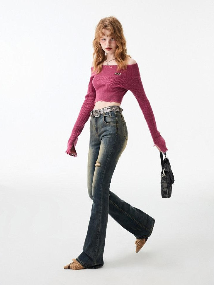 1JINN STUDIO Ripped Vintage Distressed Long Micro Flare Women&