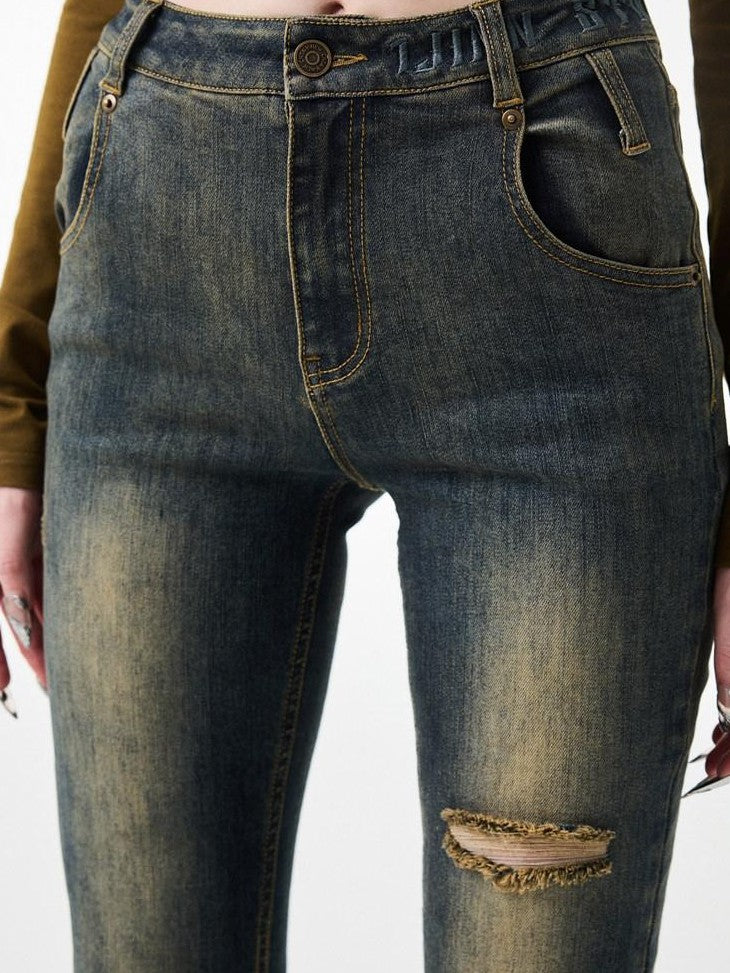 1JINN STUDIO Ripped Vintage Distressed Long Micro Flare Women&