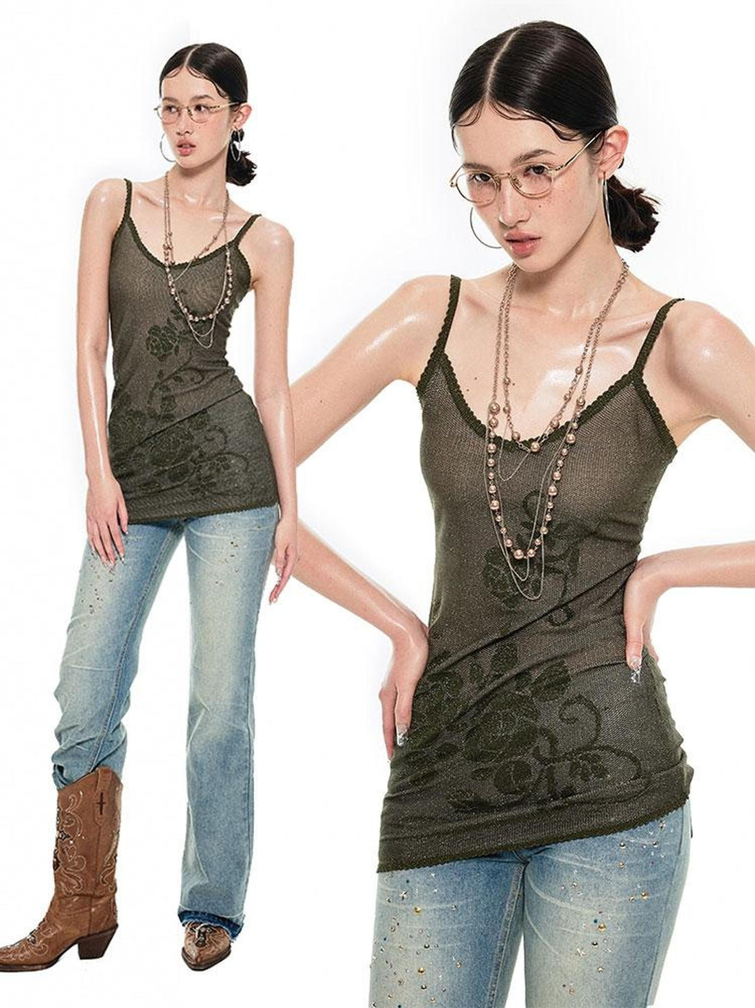1JINN STUDIO Rose Floral Knitted Cutout Shimmer V-neck Waist Cinch Women&