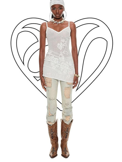 1JINN STUDIO Rose Floral Knitted Cutout Shimmer V-neck Waist Cinch Women&