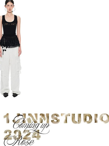 1JINN STUDIO Rose Floral Knitted Cutout Shimmer V-neck Waist Cinch Women&
