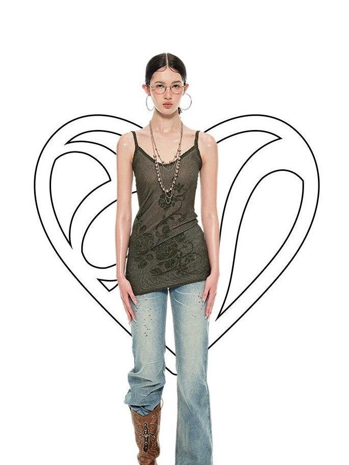 1JINN STUDIO Rose Floral Knitted Cutout Shimmer V-neck Waist Cinch Women&