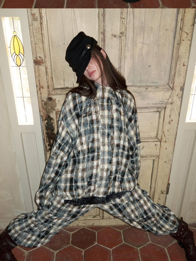 1JINN STUDIO Ruched Plaid Stand Collar Gathered Hem Women&