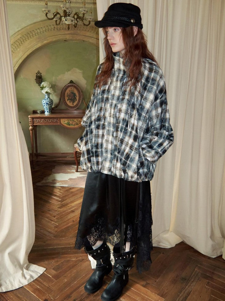 1JINN STUDIO Ruched Plaid Stand Collar Gathered Hem Women&