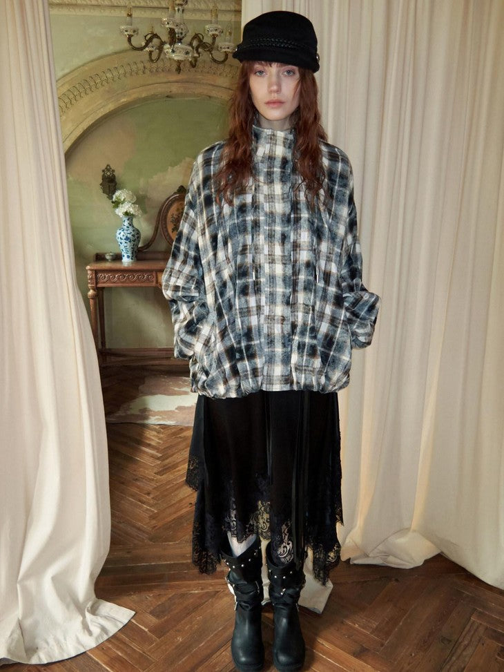 1JINN STUDIO Ruched Plaid Stand Collar Gathered Hem Women&