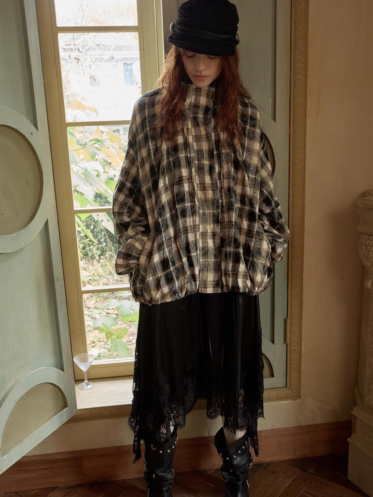 1JINN STUDIO Ruched Plaid Stand Collar Gathered Hem Women&