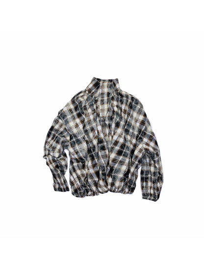 1JINN STUDIO Ruched Plaid Stand Collar Gathered Hem Women&